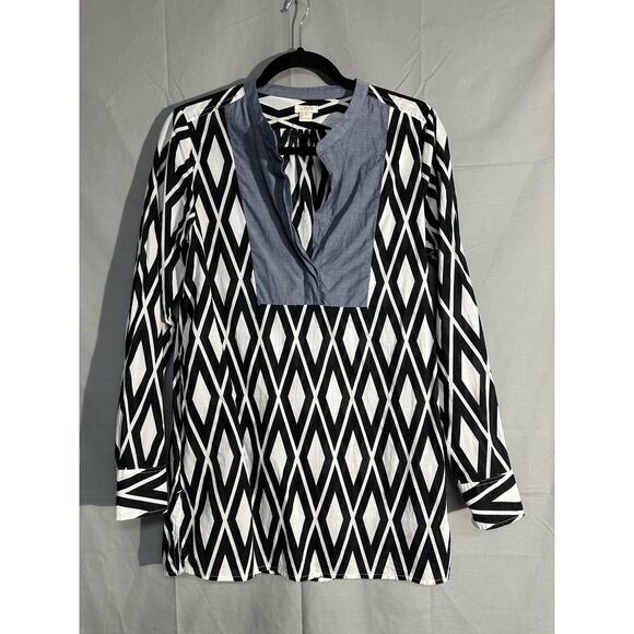 J Crew Tunic Top Womens Small Black White Bib V Neck Lightweight Diamond Boho - Picture 1 of 9